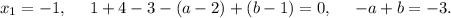 x_{1}=-1,\ \ \ \ 1+4-3-(a-2)+(b-1)=0,\ \ \ \ -a+b=-3.