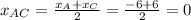 x_{AC}=\frac{x_A+x_C}{2}=\frac{-6+6}{2}=0