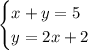 \begin{cases} x+y=5\\y=2x+2\end{cases}