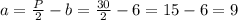 a=\frac{P}{2}-b=\frac{30}{2}-6=15-6=9