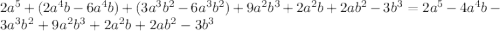 2a^{5}+(2a^{4}b-6a^{4}b)+(3a^{3}b^{2}-6a^{3}b^{2})+9a^{2}b^{3}+2a^{2}b+2ab^{2}-3b^{3}= 2a^{5}-4a^{4}b-3a^{3}b^{2}+9a^{2}b^{3}+2a^{2}b+2ab^{2}-3b^{3}