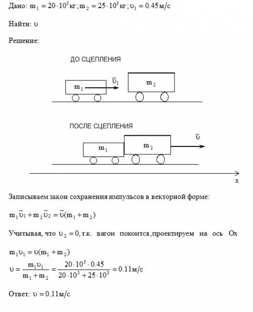 Вагон массой 20тонн, движущийся со скоростью 0,45м/с, ударяется в неподвижный вагон массой 25т.с как