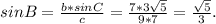 sinB=\frac{b*sinC}{c}=\frac{7*3\sqrt{5}}{9*7}=\frac{\sqrt{5}}{3}.