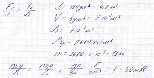 На большой поршень гидравлического подъёмника, площадь которого 420 дм2 , положен кусок гранита объё