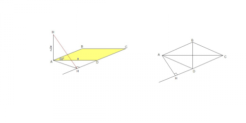 Abcd ромб со стороной= а , угол а = 60 градусов. ам перпендикулярна авс. ам= а\2. найти расстояние о