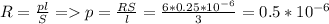 R=\frac{pl}{S}=p=\frac{RS}{l}=\frac{6*0.25*10^{-6}}{3}=0.5*10^{-6}