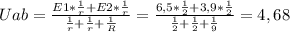 Uab=\frac{E1*\frac{1}{r}+E2*\frac{1}{r}}{\frac{1}{r}+\frac{1}{r}+\frac{1}{R} } =\frac{6,5*\frac{1}{2}+3,9*\frac{1}{2}}{\frac{1}{2}+\frac{1}{2}+\frac{1}{9}} = 4,68