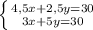 \left \{ {{ 4,5x+2,5y=30} \atop {3x+5y=30}} \right