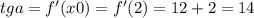 tga = f'(x0) = f'(2) = 12+2 = 14