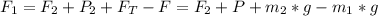 F_1=F_2+P_2+F_T-F=F_2+P+m_2*g-m_1*g