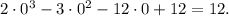 2 \cdot 0^{3} - 3\cdot 0^{2} - 12\cdot 0 + 12 = 12.